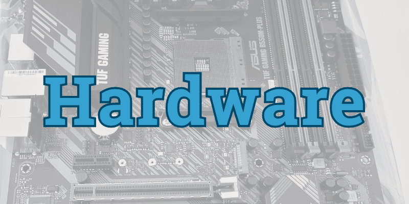Motherboard in the background with the text Hardware