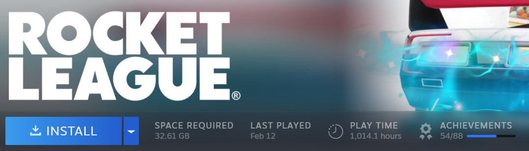 Rocket League playtime on Steam - showing over 1000 hours played